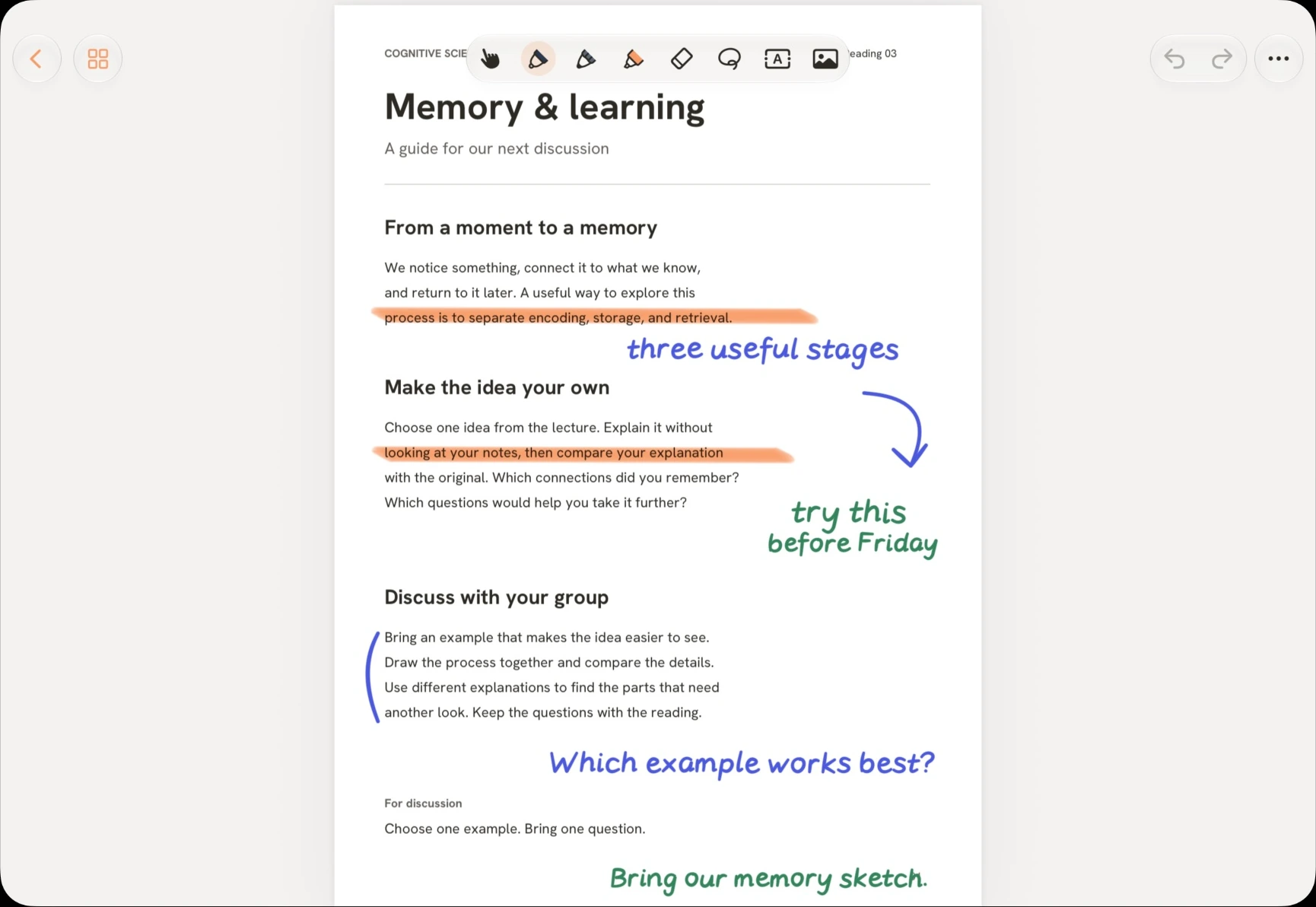 A course reading about memory and learning, with peach highlights and editable handwritten questions in Inkery.