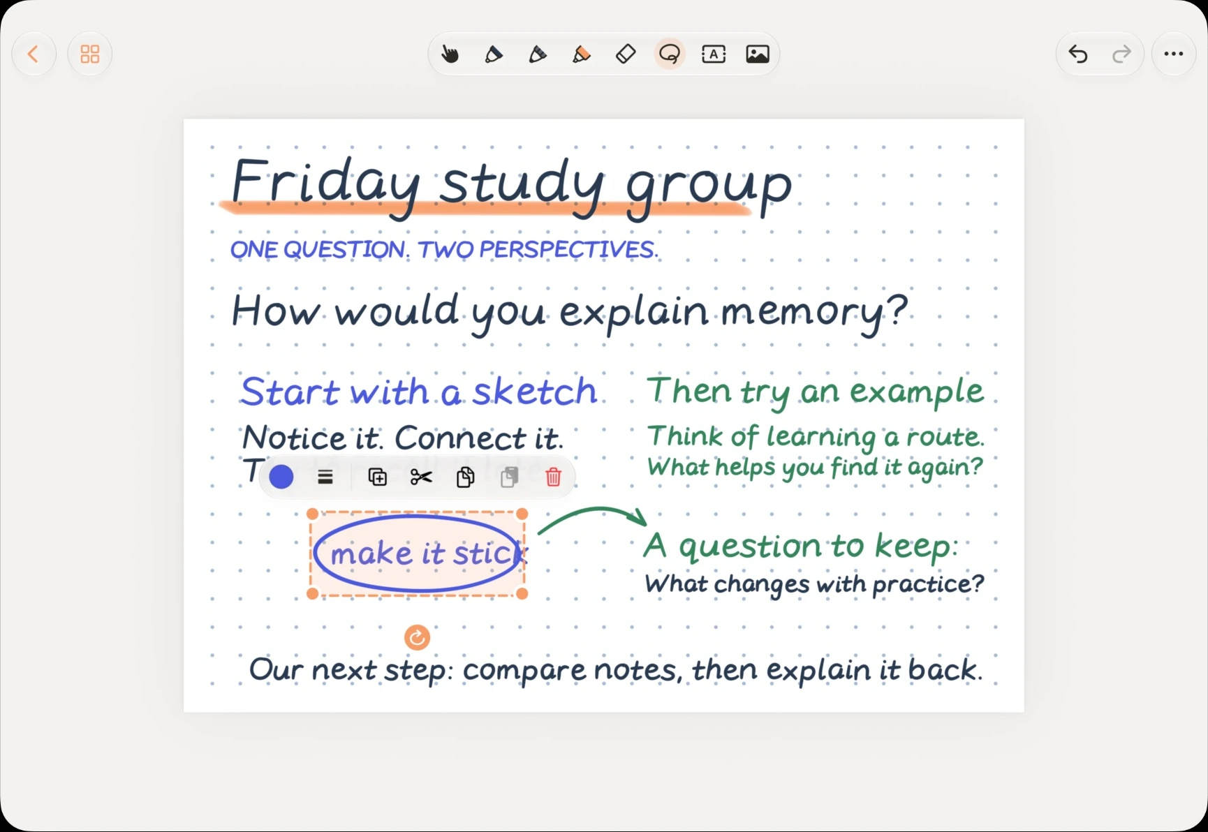 Inkery’s Friday study-group note with part of its memory diagram selected and the native editing controls visible.