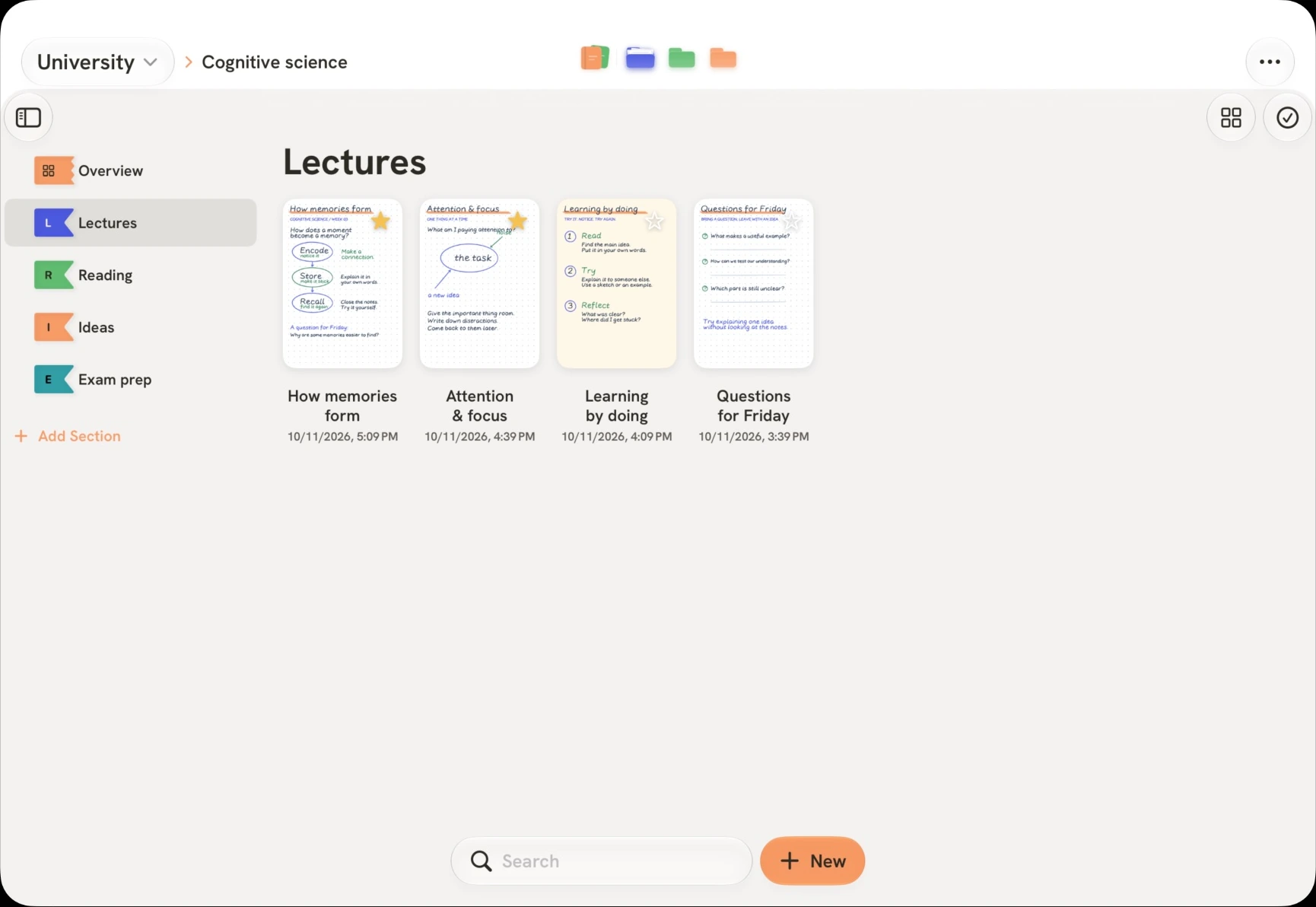 A Cognitive science project in Inkery, with Lectures, Reading, Ideas, and Exam prep bookmarks beside handwritten notes.