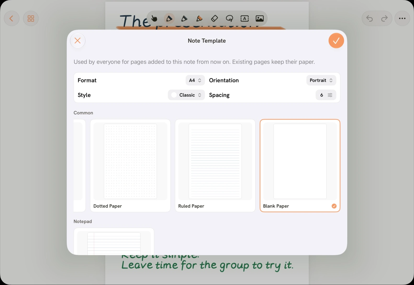 Inkery’s native paper chooser showing dotted, ruled, and blank paper, with format, orientation, style, and spacing controls.