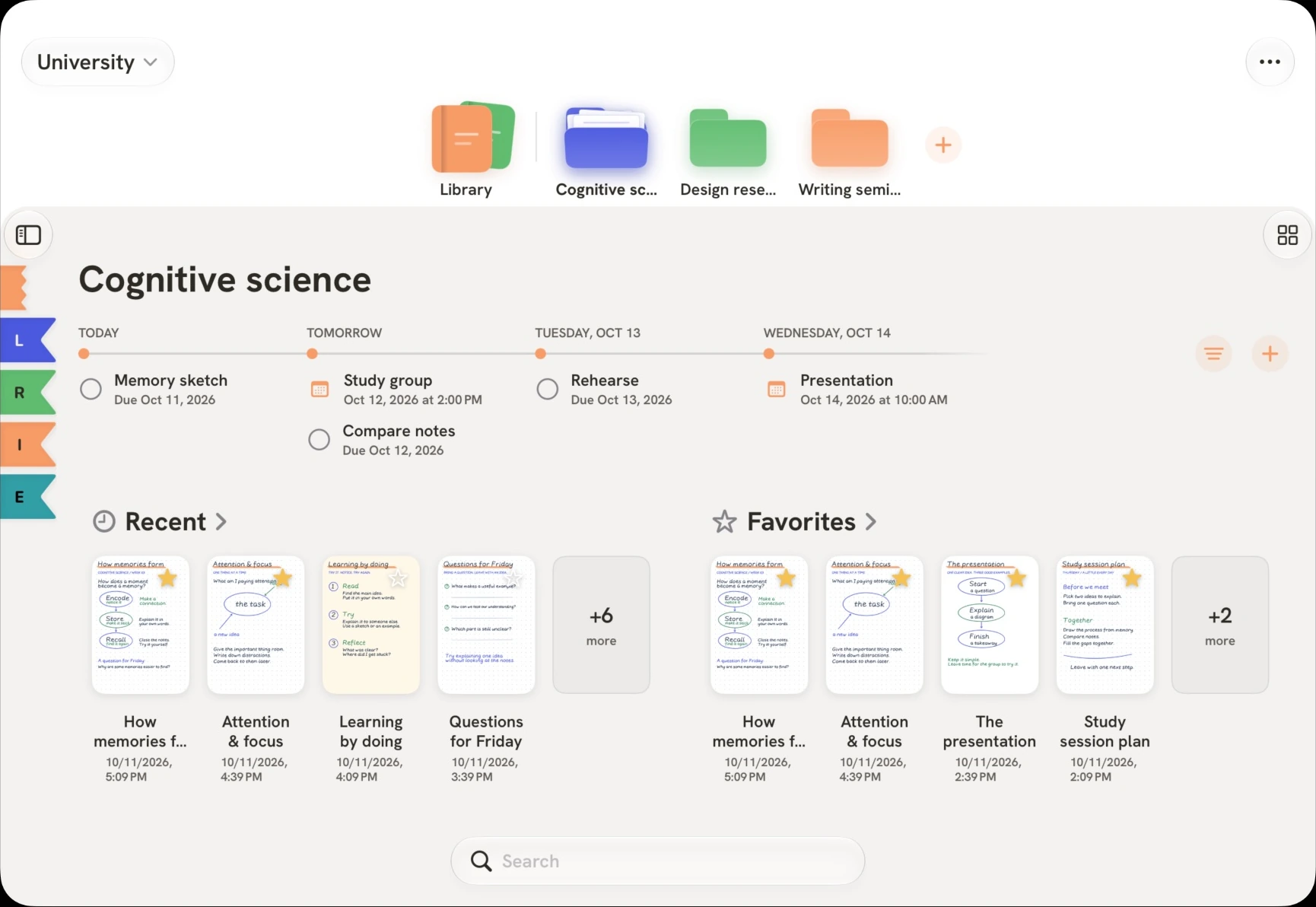 Inkery’s Cognitive science overview, with a memory sketch task, study group, rehearsal, and presentation above recent and favorite notes.